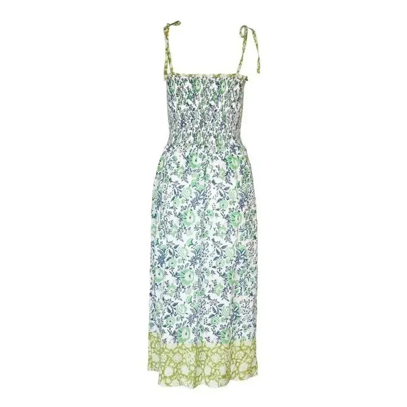 ALIX OF BOHEMIA, NWT Luna Jardin Dress Sz L, Blue White Smocked Handprinted Midi - Picture 6 of 14